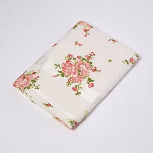 Homescapes Cream Cotton Bath Towel with Pink and Green Floral Pattern, W/D/H: 130 x 70 x 4 cm