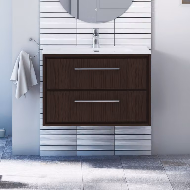 Royal Bathrooms Livora 800mm Walnut Woodgrain Wall Hung Vanity Unit with 2 Drawers and Ceramic Basin