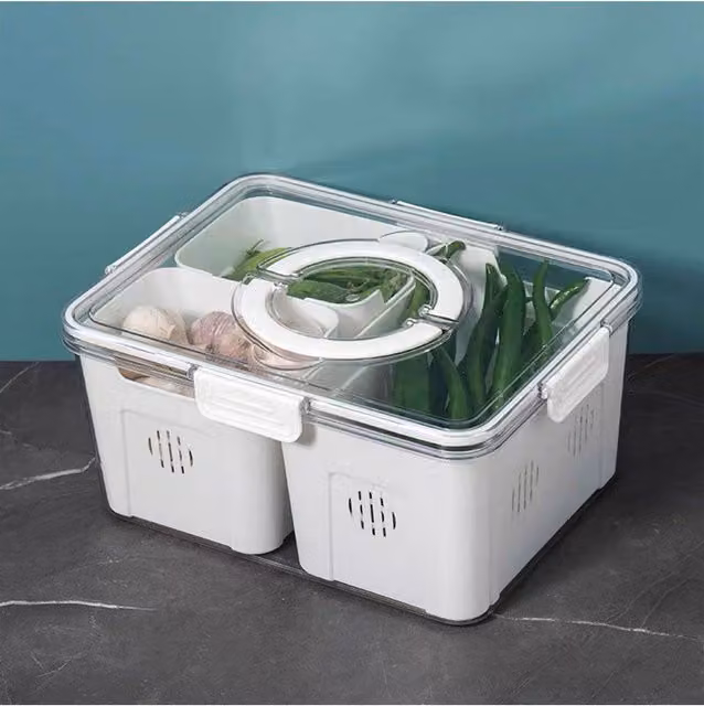 Living and Home 3-Compartment Detachable Fridge Storage Container with Snap Lid and Handles, White