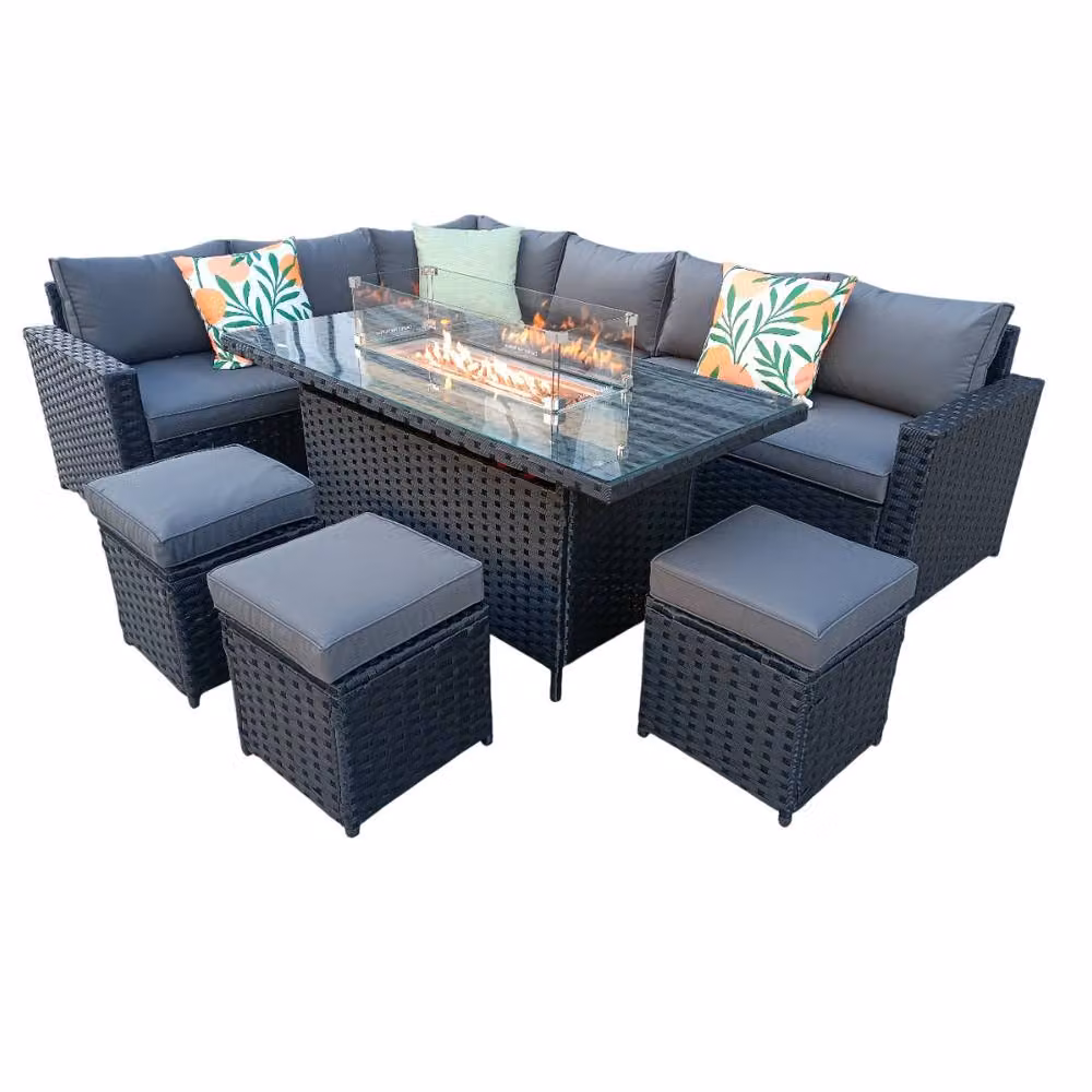 Furniture Maxi Barcelona 9 Seater Rattan Corner Sofa Set with Fire-Pit Dining Table in Black – 2