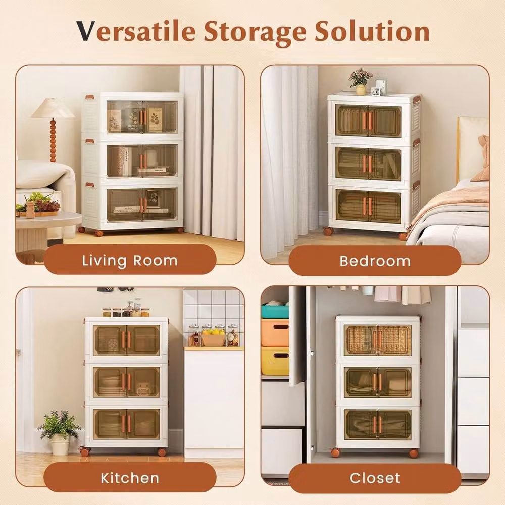 EONLION 3-Pack Stackable Plastic Storage Boxes with Handles in Beige and White, 50 cm – 3