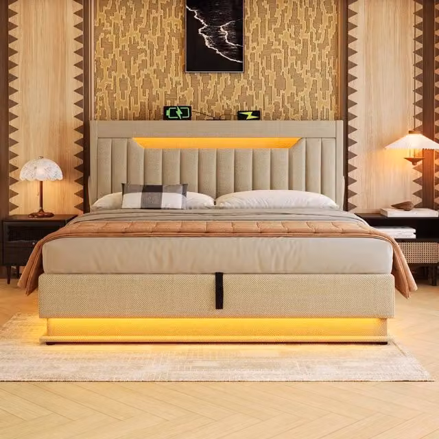 PAWNORA Double Upholstered Ottoman Bed in Beige with USB Charging Port, Bedside Shelf and Under-bed Lighting, W/D/H: 140 x 200 cm – 1