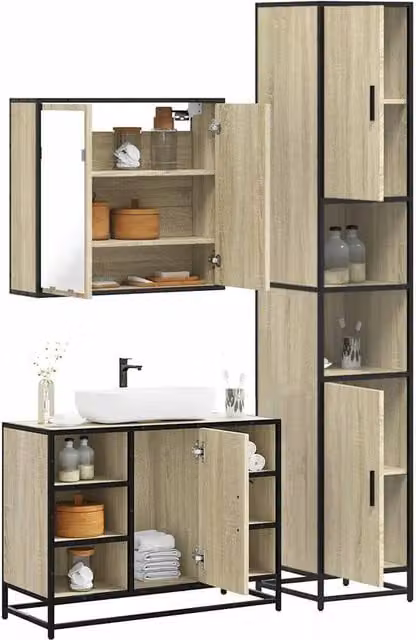 Berkfield Home 3 Piece Industrial Bathroom Furniture Set in Brown Sonoma Oak Engineered Wood – 1