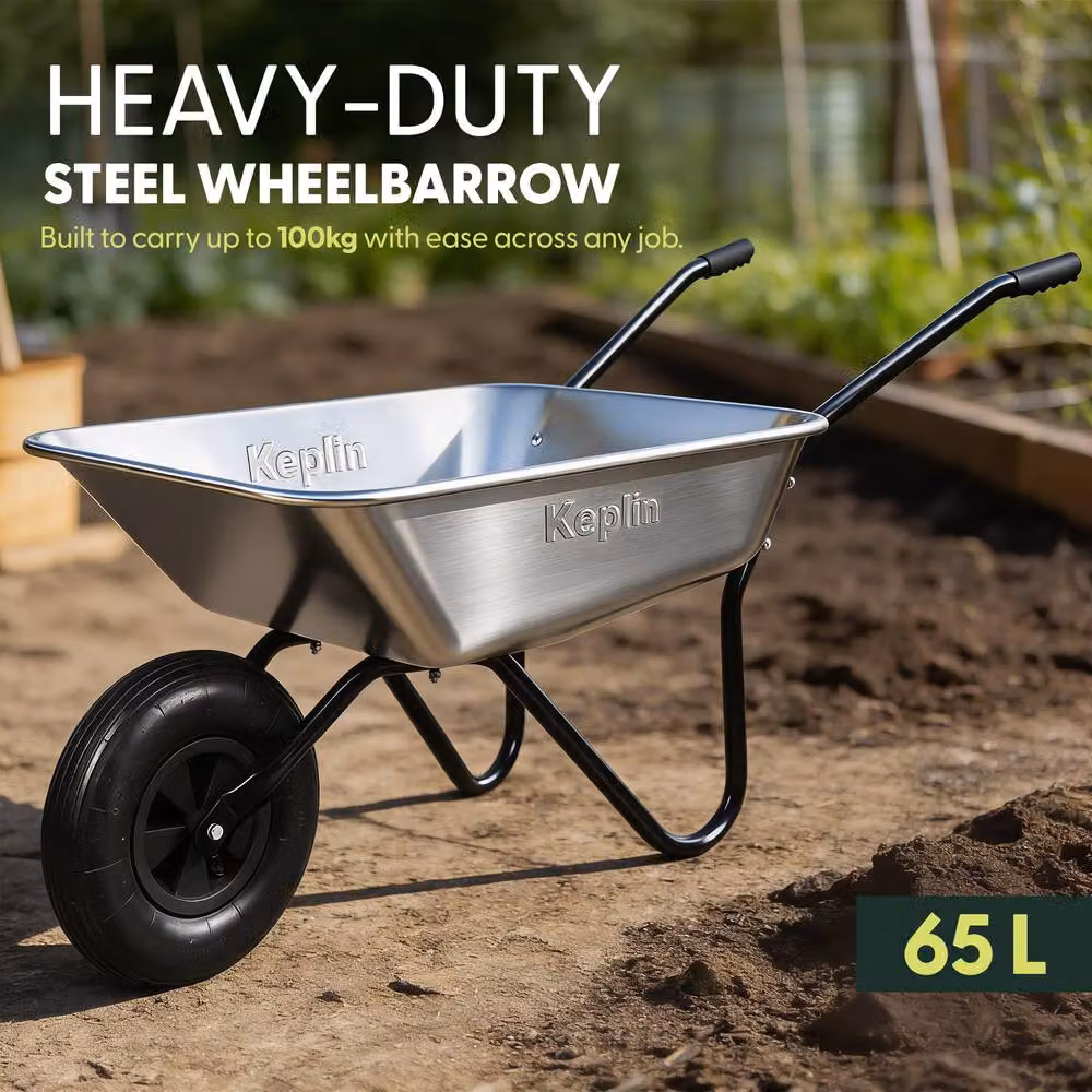 Keplin 65L Garden Wheelbarrow with Pneumatic Tyre, 100kg Load Capacity in Metallic Silver – 4