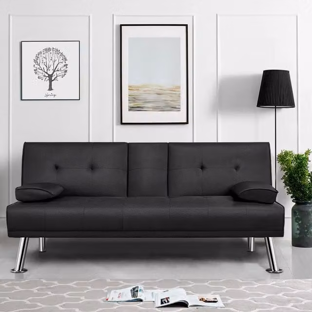 Yaheetech Convertible Upholstered Sofa Bed with Platform and Cup Holders, Black