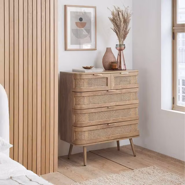 Birlea Sark Oak Mid Century Modern Rattan Chest of 5 Drawers in Brown