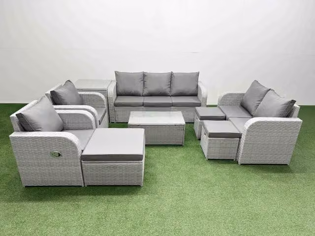 Fimous Grey PE Rattan Garden Furniture Set with Upholstered Cushions, Coffee Table and Stools