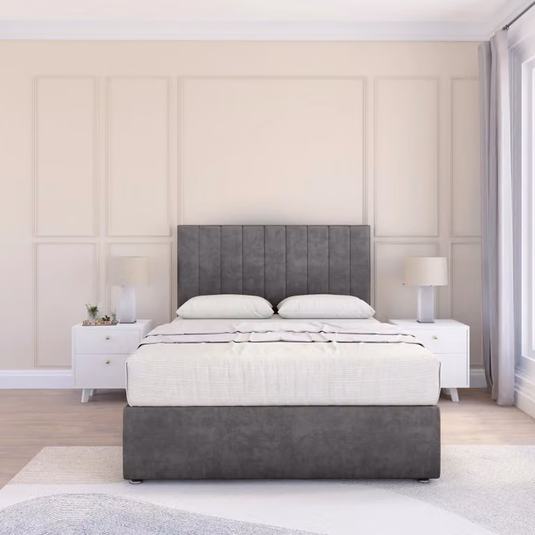 Sloomy Kansas Single Divan Bed Base with 54 inch Floor Standing Headboard in Light Beige Velvet Fabric, W/D/H: 90 x 200 cm