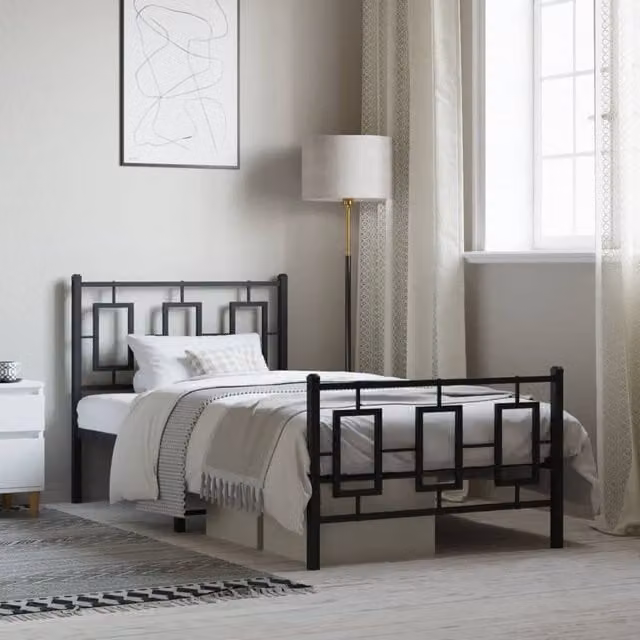 Berkfield Home Metal Bed Frame with Footboard in Black, W/D/H: 90 x 200 cm