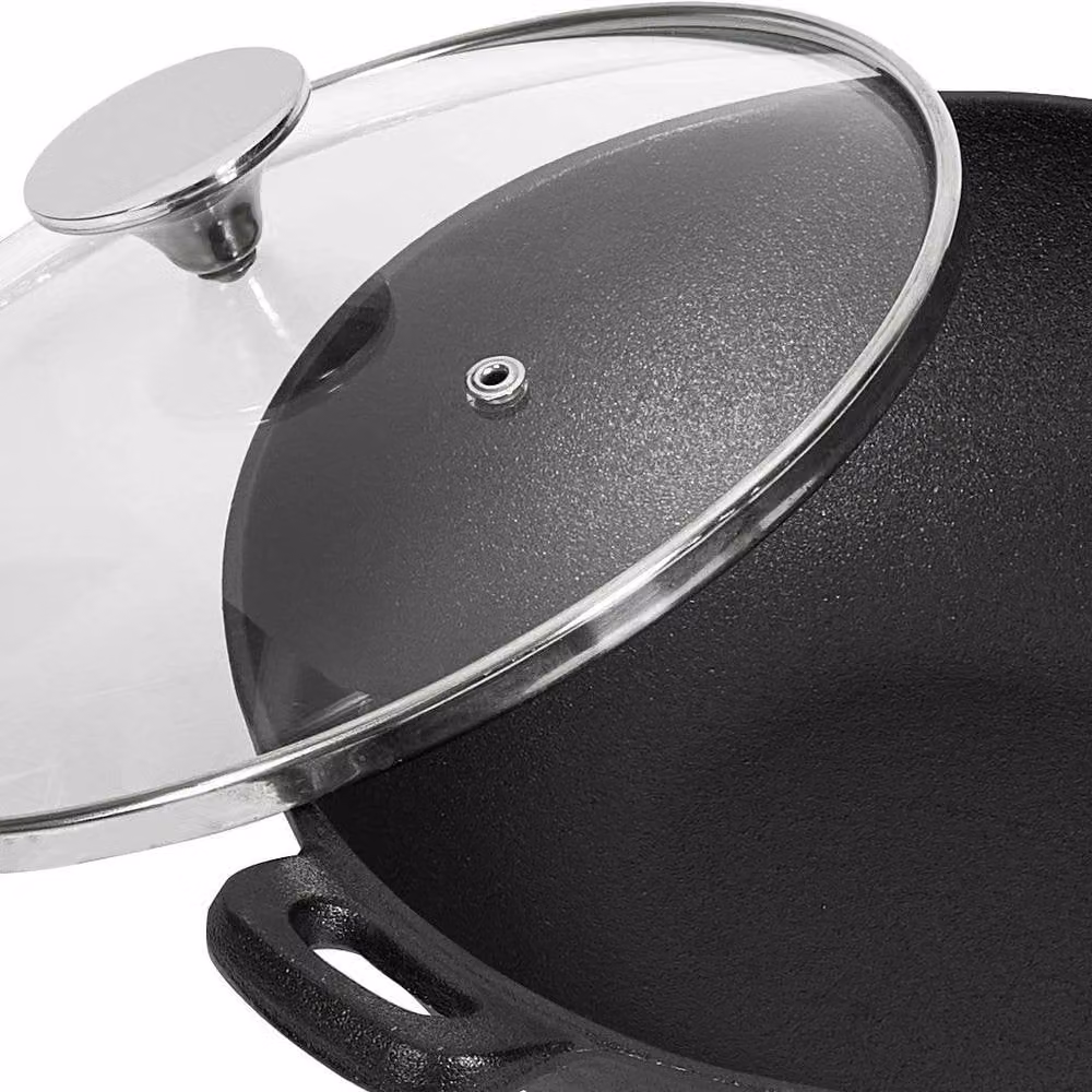PAWNORA Cast Iron Non Stick Wok with Glass Lid, Black, W: 30 cm, H: 9 cm – 3