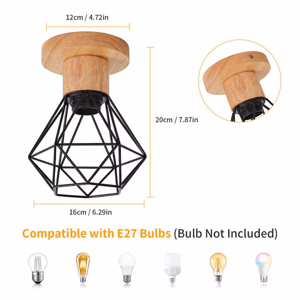 COMELY Industrial Ceiling Light in Black and Wood with E27 Socket – 2