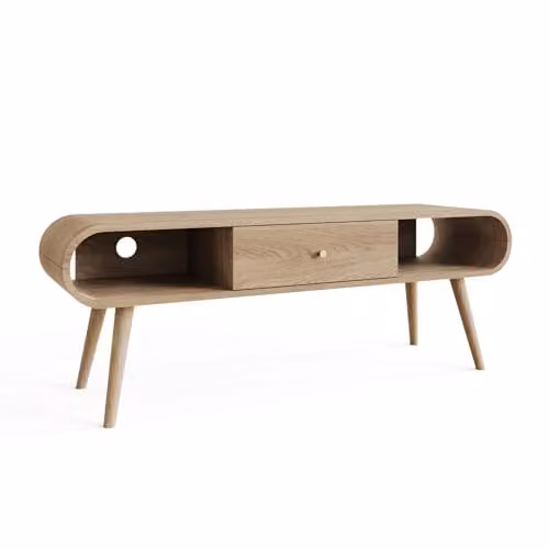 GFW Vionna Curved Mid-Century TV Unit with Drawer and Open Shelving, Brown Oak Effect, W: 140 cm, H: 50 cm, D: 38.5 cm – 2