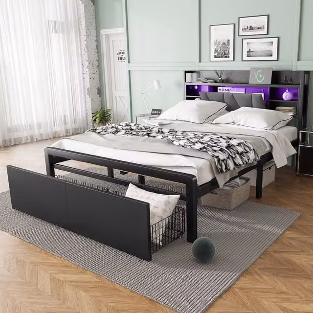 Aosom UK Black Metal Bed Frame with LED Strip Lights, USB Charging Ports and Padded Storage Drawers, W/D/H: 137.5 x 209 x 100 cm – 1