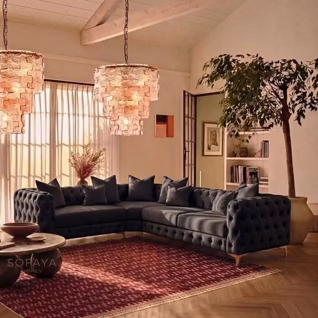 Sofaya Monaco 4 Seater Chesterfield Velvet Corner Sofa with Left Hand Chaise in Black – 1