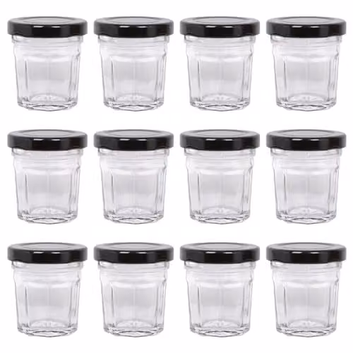 Argon Tableware Glass Jam Jars with Airtight Screw Top Metal Lids, 30ml, Pack of 12, Black, Gold or Transparent