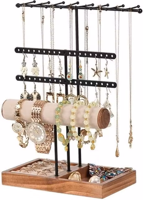 Nordara Rotating Multi-Tier Wood Jewelry Stand and Organizer Tray in Black