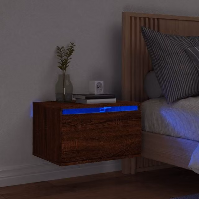 Berkfield Home Wall-mounted Bedside Cabinet with Integrated LED Lights in Brown Oak