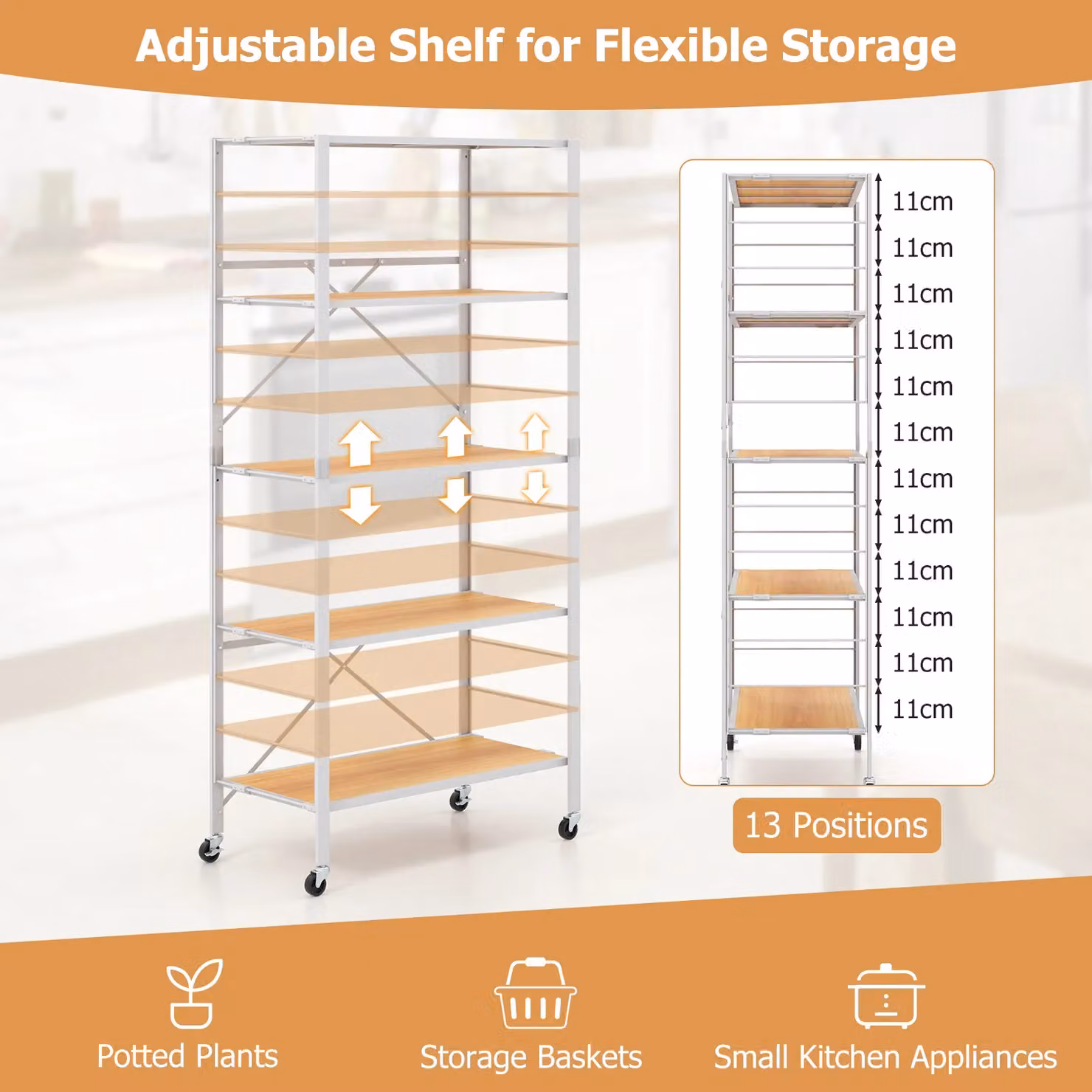 Costway 5-Tier Foldable Metal Storage Shelving Unit with Adjustable Shelves and Detachable Wheels in Natural – 2