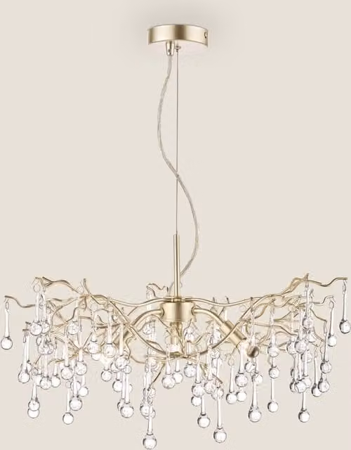 Laura Ashley Willow Modern Suspended Pendant Light in Gold and Brass with Crystal and Glass