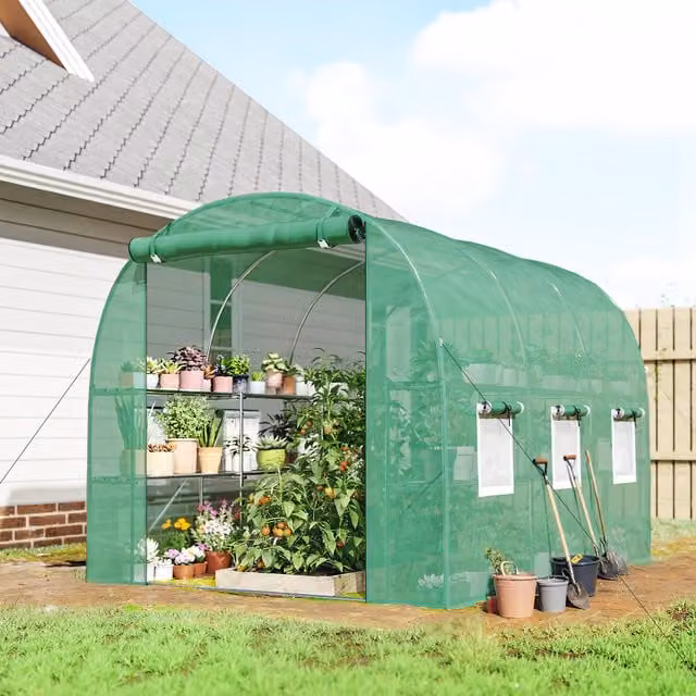 Outsunny Walk-in Greenhouse with Shelves and Roll Up Door, Green