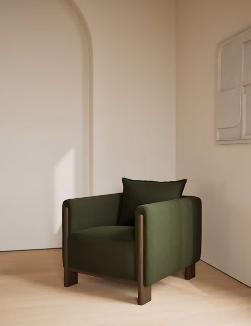 Gallery Direct Block Velvet Accent Chair in Green with Armrests and Oak Wood Legs
