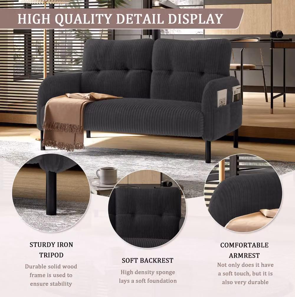 STILVORA Grey Corduroy Double Sofa with Side Pockets – 6