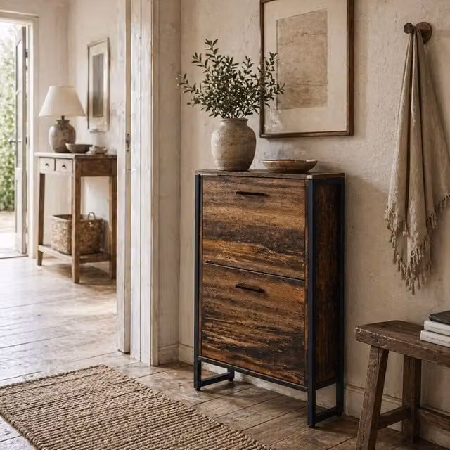 Wyld Haus Conine 2 Door Wood Effect Shoe Cabinet in Sand and Brown, W/D/H: 64 x 23.5 x 85 cm