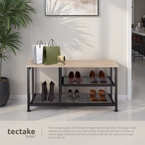 tectake 3-Tier Shoe Rack with Wood-Look Top Shelf and 2 Grid Shelves, Black Industrial Steel Frame, W/D/H: 80 x 30 x 45.5 cm, Light Wood – 4