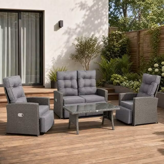 STILVORA Modern 4-Seater Grey Rattan Sofa with Reclining Chairs