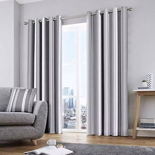 Fusion Grey Striped Eyelet Curtains, 2 Panels, W: 117 cm, H: 183 cm