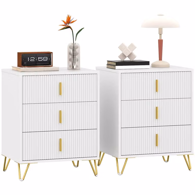 HOMCOM Set of 2 Modern 3 Drawer Dressers in White and Gold
