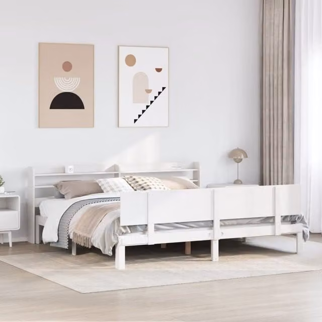 Berkfield Home White Solid Wood Bed Frame with Headboard and USB Charging Port, W/D/H: 200 x 200 cm – 1