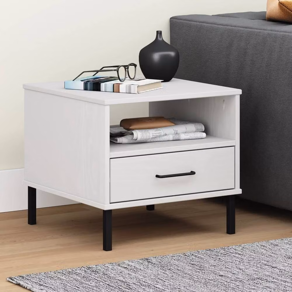 Berkfield Home Oslo Bedside Table in White Solid Pine Wood with Metal Legs – 2
