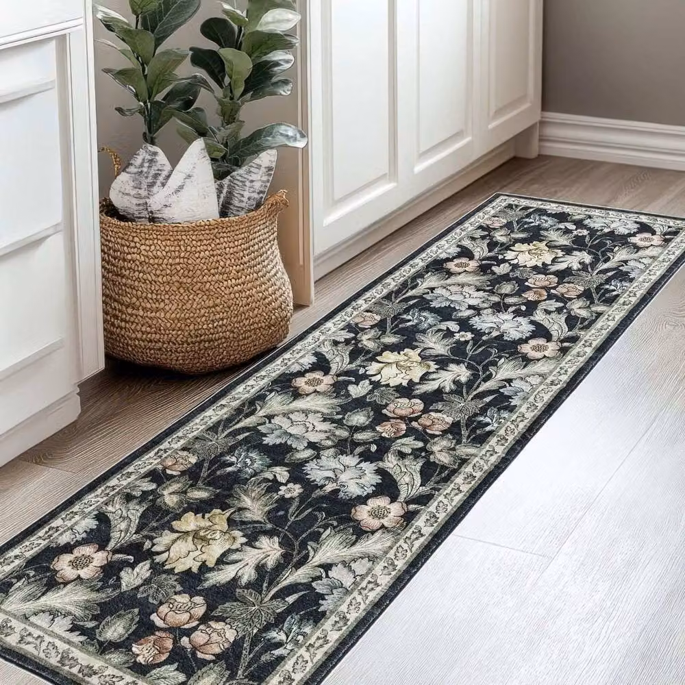 THE RUGS Classical Collection Midnight Florals Soft Pile Black Rug, W: 160 cm, L: 230 cm – 7