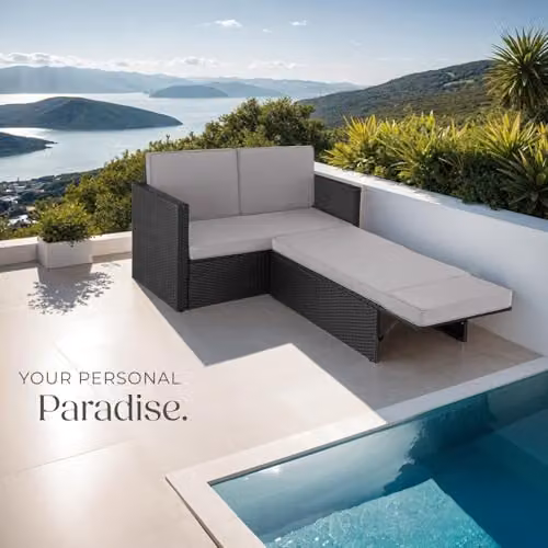 tectake Rattan Garden Furniture Set with 2 Seater Sofa and Ottoman in Black and Grey – 8