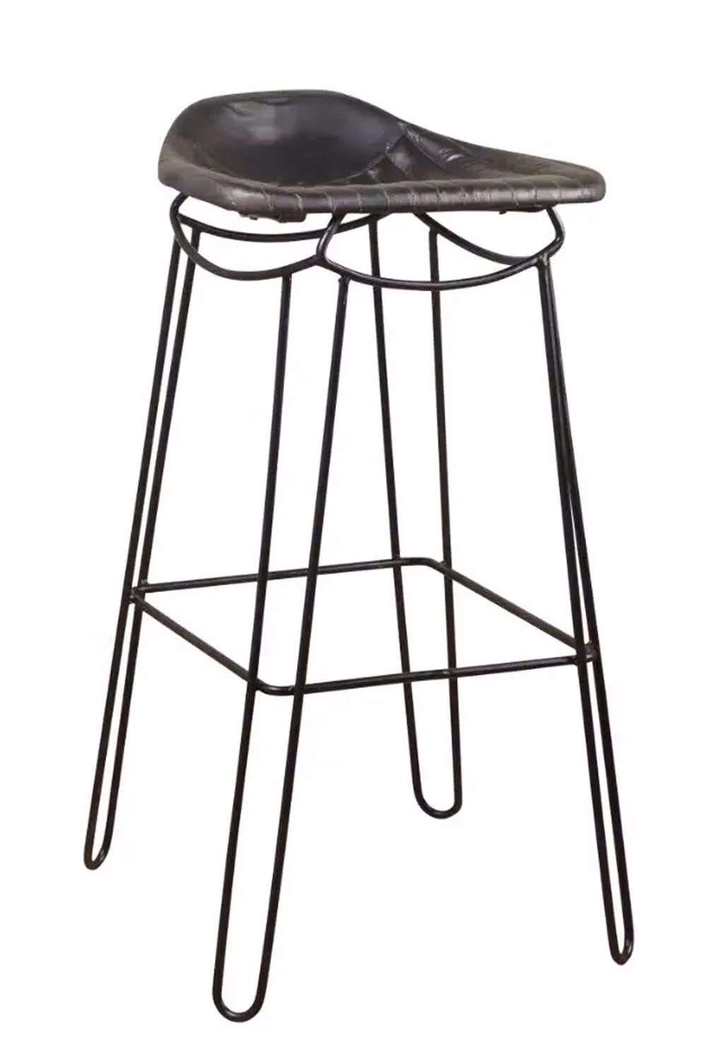 FWStyle Black Genuine Leather Artisan Bar Stool with Rustic Handmade Design – 2