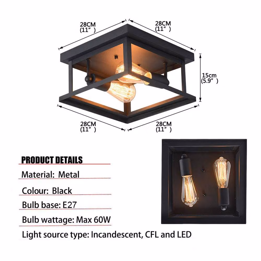 Garwarm 2-Light Retro Industrial Rectangular Black Metal Flush Mount Ceiling Light – 6