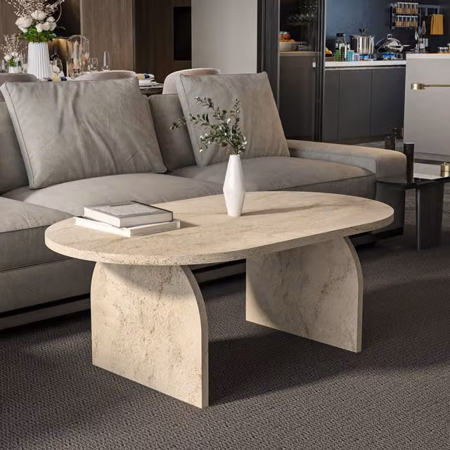 Decorotika Mono Oval Coffee Table in Beige Travertine Stone