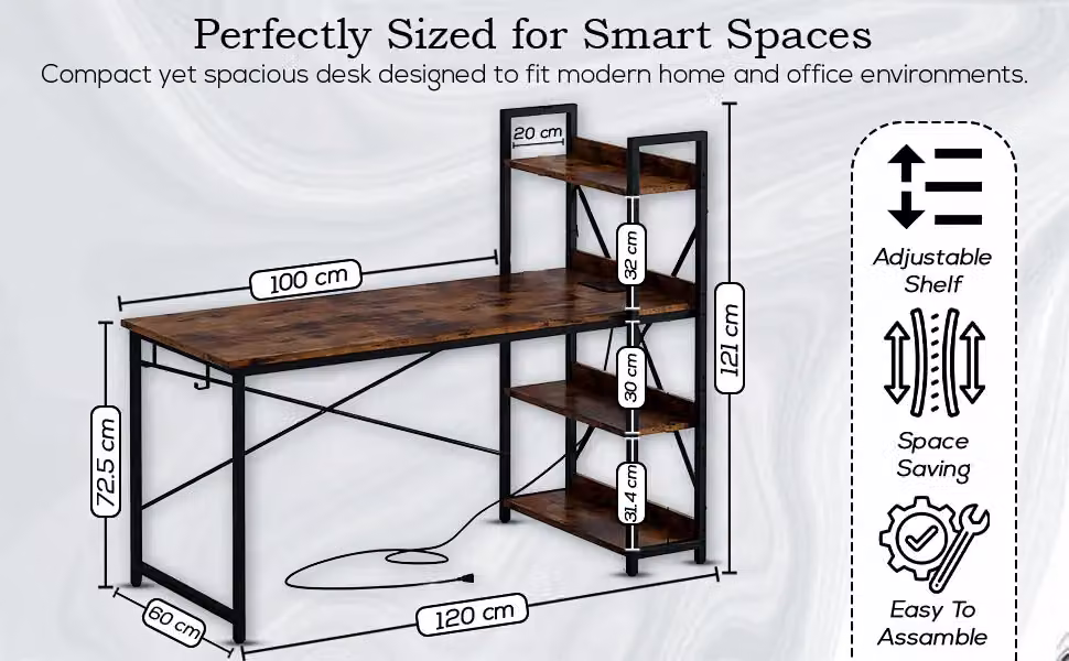 Hygrad Industrial 4 Tier Wooden Computer Desk with UK Sockets and USB Ports, Brown, W: 121.0 cm, D: 60.0 cm, H: 18.0 cm – 10