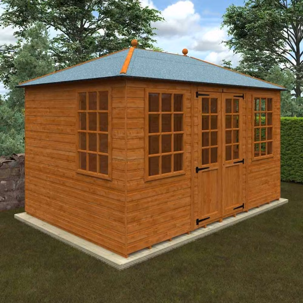 Buttercup Farm Georgian Pyramid 12mm Wooden Shed in Burnt Orange and Grey, W: 365.8 cm, D: 243.8 cm, H: 235 cm – 2