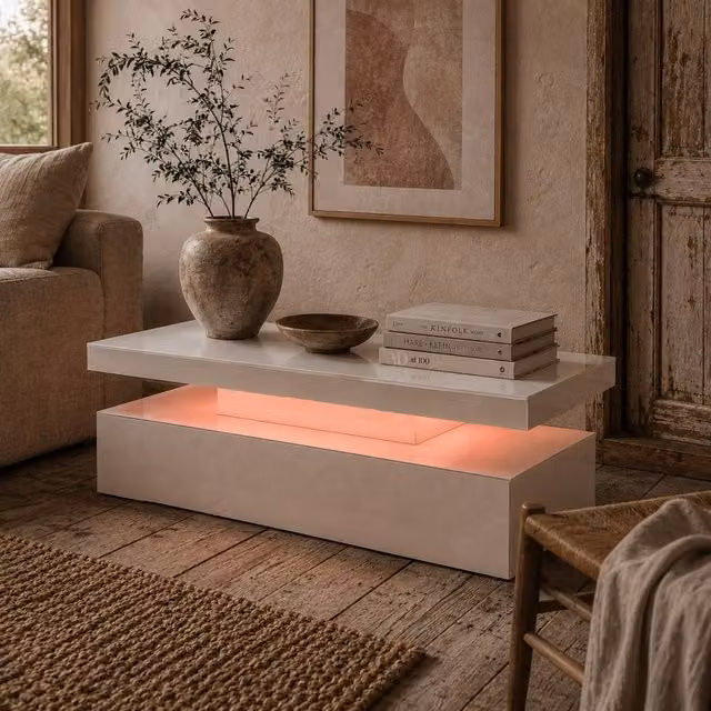 Wyld Haus Lomoyo High Gloss White LED Coffee Table with RGB Lighting and Storage W/D/H: 95 x 42 x 42 cm – 1