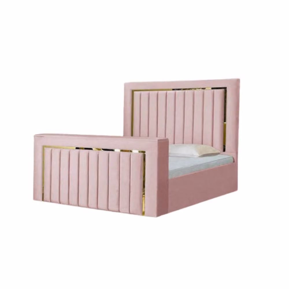 Stratus Interiors Emperor TV Bed with Gold and Silver Trim Panel Border, Pink Velvet, King Size (W/D/H: 180 x 200 cm) – 2