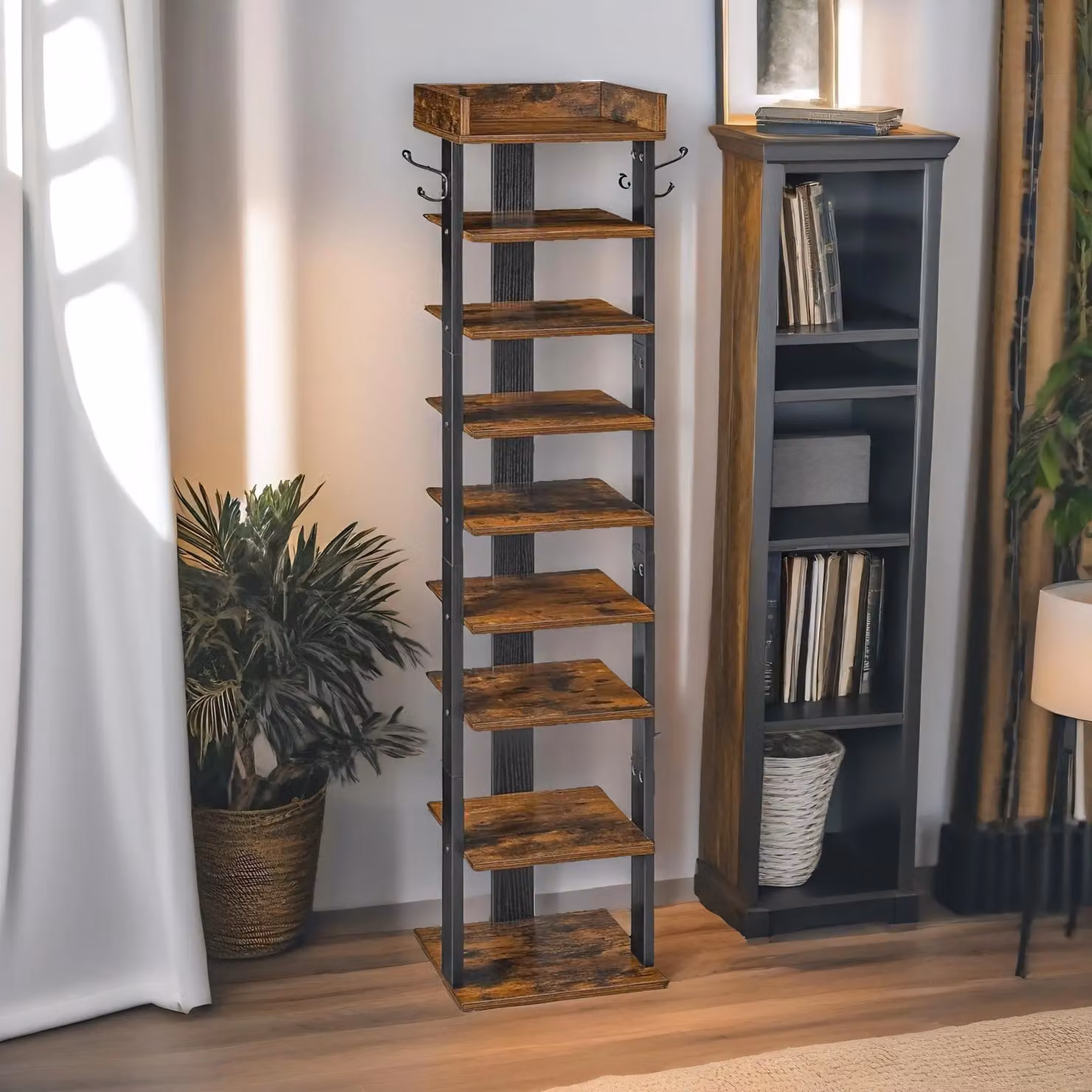Rafaelo Mobilia 9 Tier Narrow Shoe Rack in Brown, H 132.5 x W 28.0 x D 28.0 cm – 2