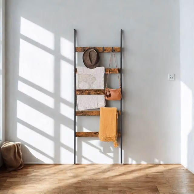 Pirlo Plush 5-Tier Brown Towel and Blanket Ladder Shelf Rack with Hooks – 1