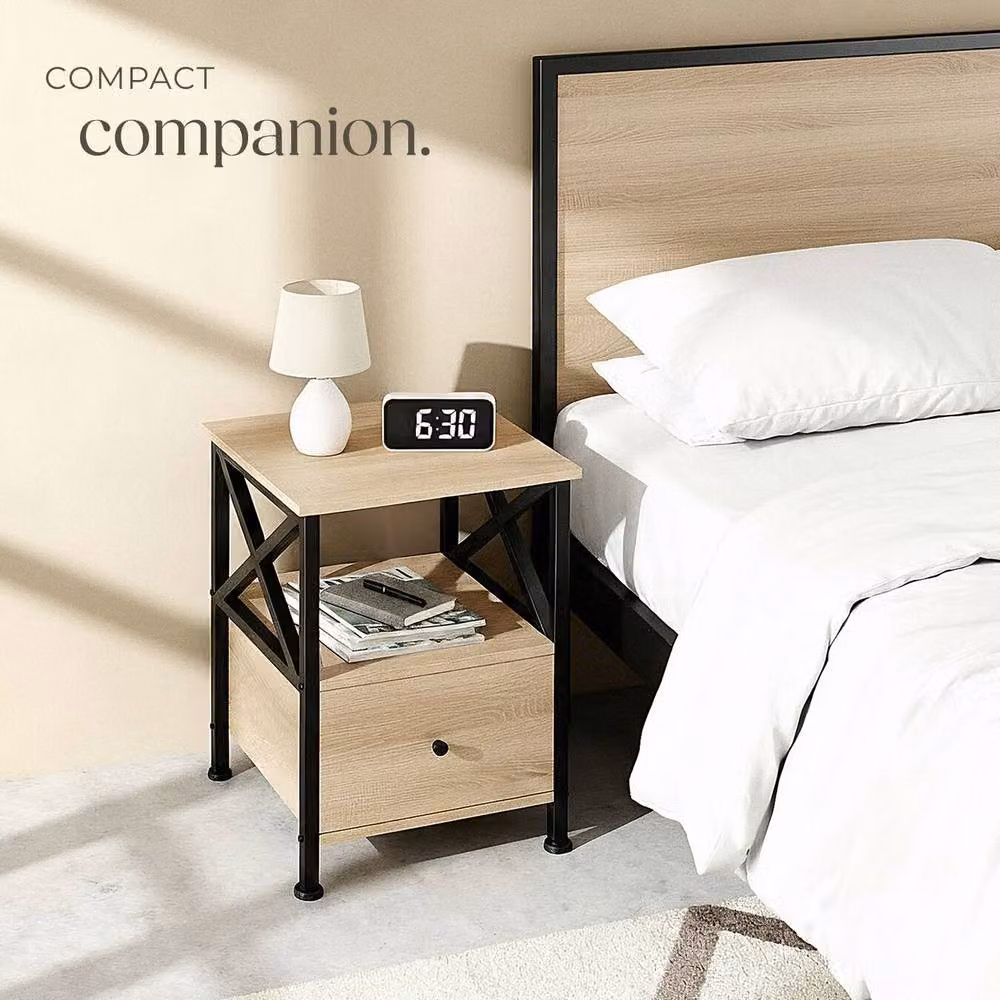 tectake Falkirk Bedside Table with 2 Shelves and 1 Drawer in Light Oak and Brown – 7