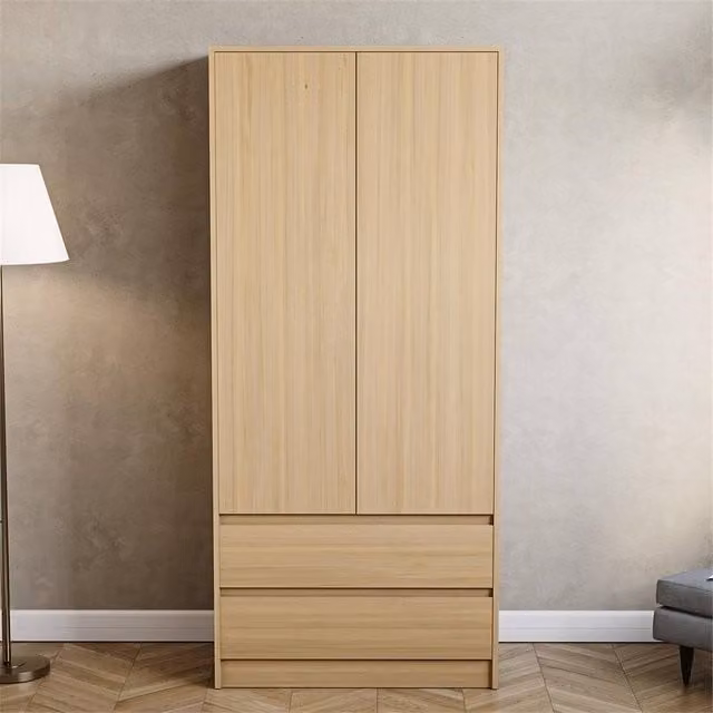 FORGEVIO Modern 2 Door Bedroom Wardrobe with Integrated Drawers in Natural Wood Finish