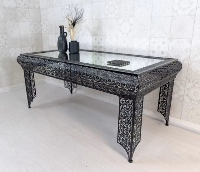 Downton Interiors Agadir Black Embossed Metal and Mirrored Glass Coffee Table – 1