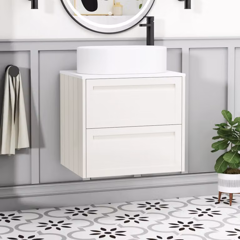Royal Bathrooms Elmore Classic White Wall Hung Vanity Unit with 2 Drawers and Peak Basin, Width: 60 cm