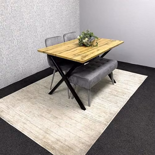 KOSY KOALA Modern Dining Table Set with Padded Bench and 2 Grey Velvet Chairs, Brown Wood Effect Tabletop and X-Shaped Metal Legs – 7