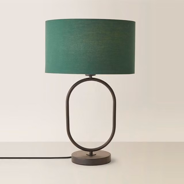 Antonia Art Deco Table Lamp with Green Fabric Drum Shade and Black Metal Base
